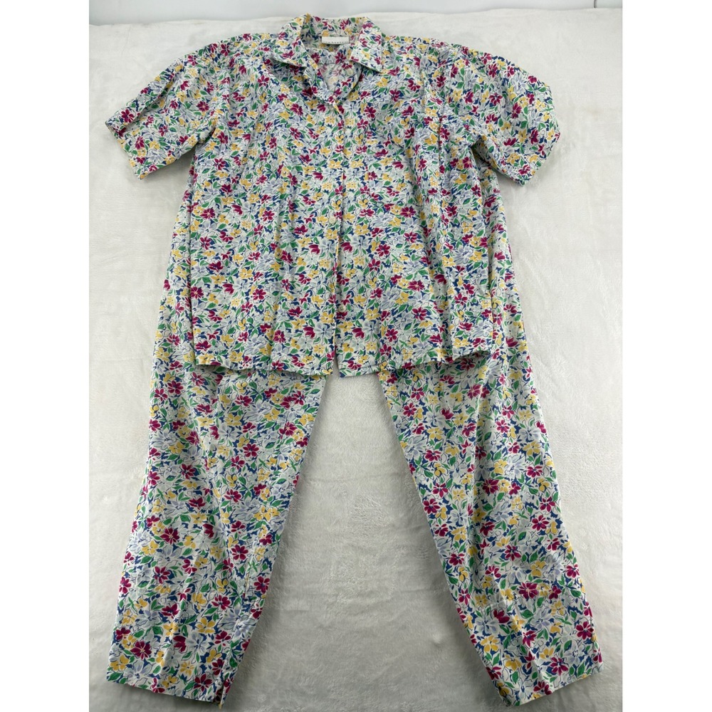 Van Heusen Pajama Set Womens M Pajamas Multicolor Floral Cotton Button Up Pants